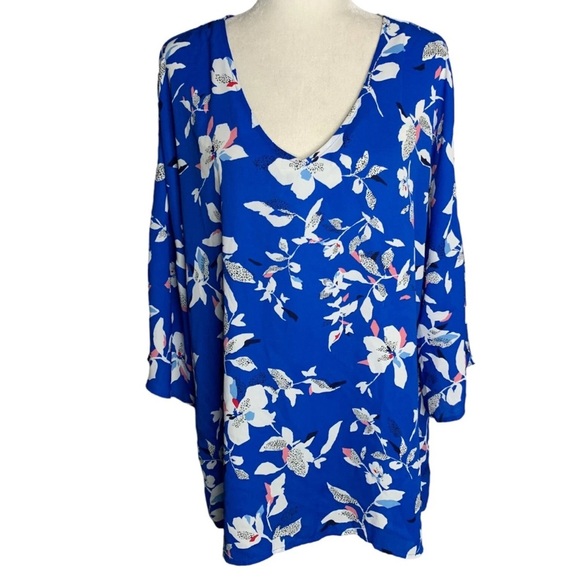 Prescott New York Blue Floral V-Neck Tunic Blouse – Size 14 – Bell Sleeves - Picture 3 of 11